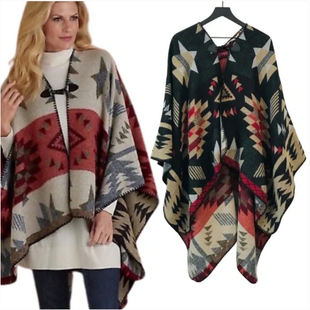 Soft Surroundings Multi Whistler Reversible Southwestern Aztec Poncho Ruana Cape - Picture 10 of 10
